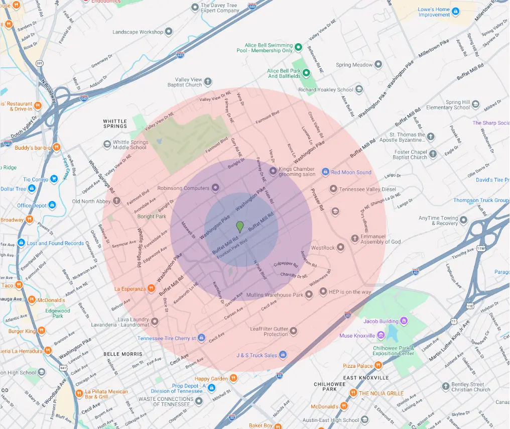 Aerial neighborhood view — radius targeting
